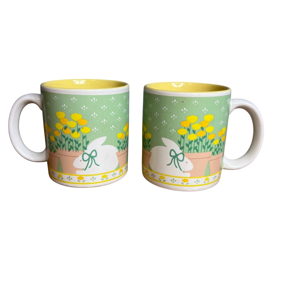 Vintage Mary Wilkins Kelly Bunny Flower‎ Tulips Mugs Set of 2 Spring Coffee Tea